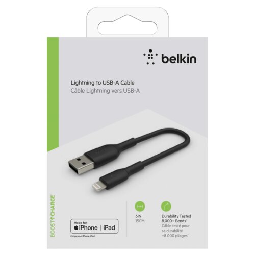 Belkin Lightning to USB-A Cable 15cm, PVC, black, mfi cert. Slike