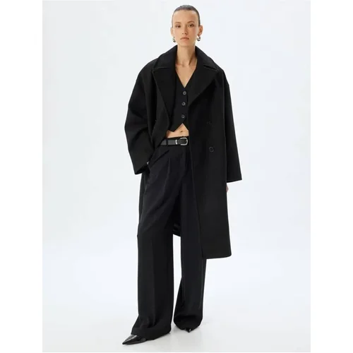 Koton Double Breasted Reverse Collar Buttoned Long Oversize Stamp Coat with Pockets