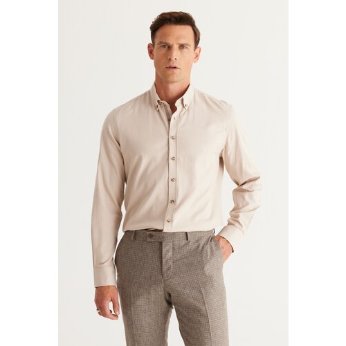ALTINYILDIZ CLASSICS Men's Beige Slim Fit Slim Fit Shirt with Buttons and Collar Cotton Gabardine Slike