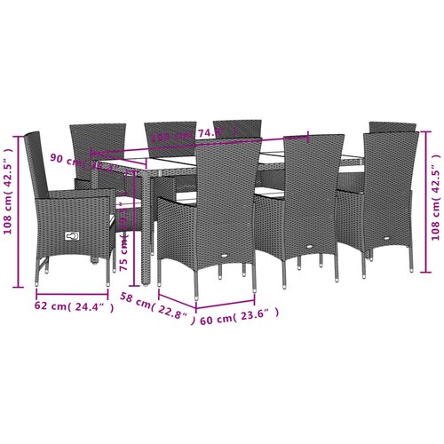  9-dijelni vrtni blagovaonski set od poliratana s jastucima bež Dužina stola 190 cm Slike