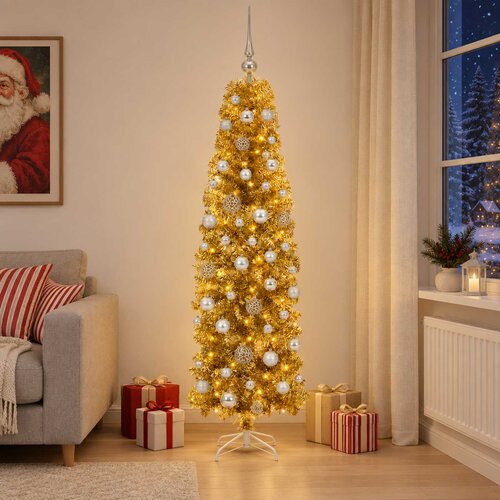  Umjetno usko božićno drvce s kuglicama 180 cm 300 LED lampica Slike