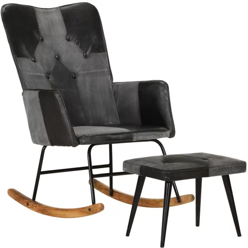  Stolica za ljuljanje s tabureom crna od prave kože i platna