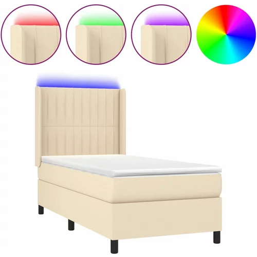 vidaXL Box spring postelja z vzmetnico LED krem 90x200 cm blago, (20896479)
