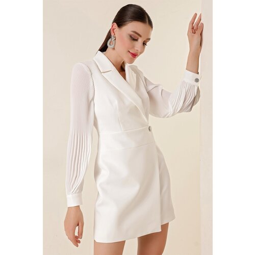 By Saygı Double Breasted Neck Sleeve Chiffon Lined Dress Ecru Slike