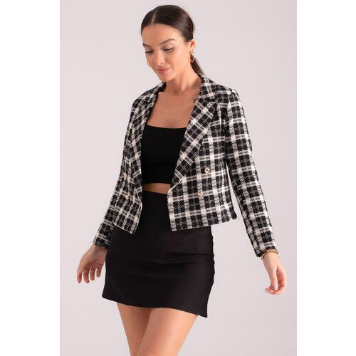 armonika Women's Black and White Double Breasted Collar Tweed Crop Jacket Slike