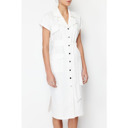 Trendyol Ecru Belt Detailed Pocket Gabardine Shirt Woven Midi Dress Slike
