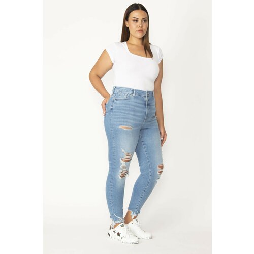 Şans Women's Large Size Blue Ripped Detailed Washed Effect 5 Pocket Skinny Jeans Slike