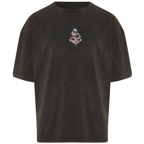 Trendyol Brown Oversize/Wide Cut Snake Printed Pale Effect 100% Cotton T-Shirt Slike
