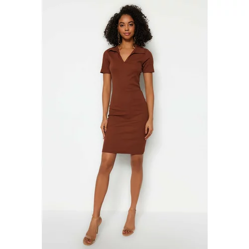 Trendyol Brown Snap-On/Fitted Polo Neck Corduroy Knitted Knit Dress