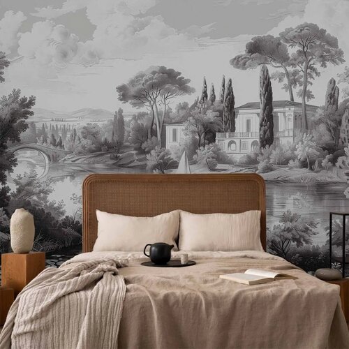  Foto tapeta - Black and White Vintage Landscape Retro View of a Pond with a Boat 400x280 Premium Cene