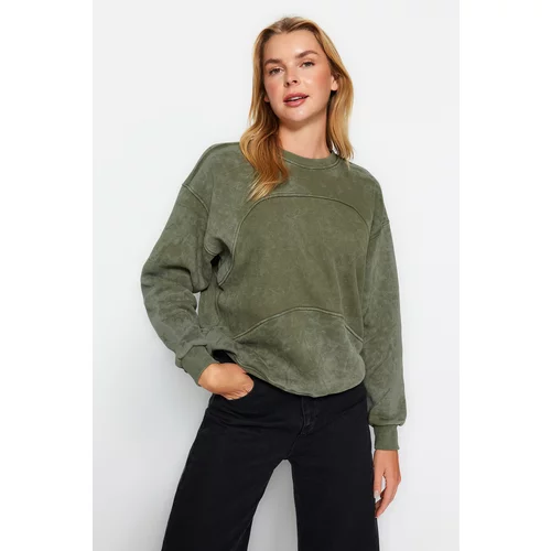 Trendyol Khaki A faded/Faded Effect Thick Fleece Inside Oversized/Wide-Collar Knitted Sweatshirt