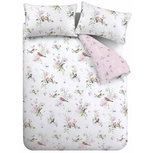Catherine Lansfield Bela/rožnata posteljnina za zakonsko posteljo 200x200 cm Songbird –