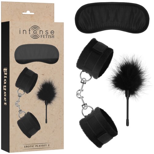 Intense Fetish Erotic Playset 2 With Handcuffs, Blind Mask & Tickler Black Cene