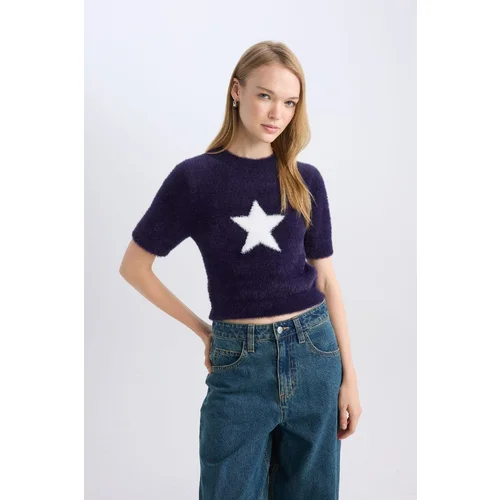  Women's Navy Blue Coool Fitted Crew Neck Star Printed Short Sleeve Plush Sweater