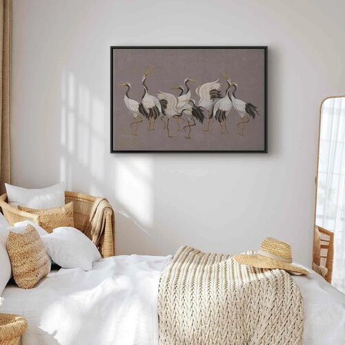  Slika - Crane dance &amp;ndash; bright silhouettes of birds against a warm grey background with texture 90x60 U crnom drvenom okviru Slike