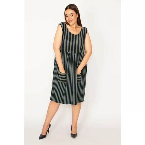Şans Women's Plus Size Khaki Line Combined Pocket Dress
