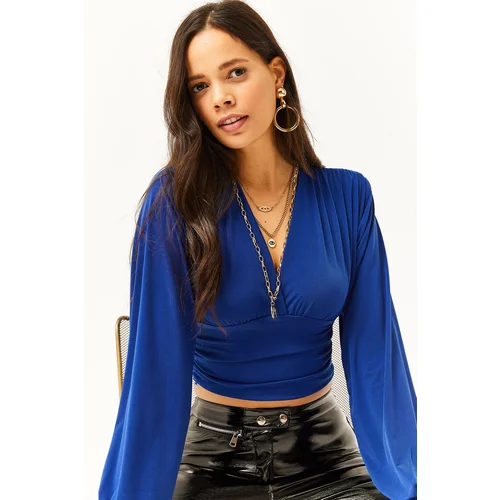 Olalook Women's Saxe Blue Deep Decollete Banded Waist Crop Blouse