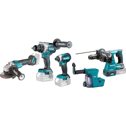 Makita LXT set - akumulatorska bušilica-odvijač DDF486Z + aku. udarni odvijač DTD153Z + aku. ugaona brusilica DGA504Z + aku. bušilica-čekić DHR243Z + punjač + 2 baterije + torba DLX4155TX1 Cene