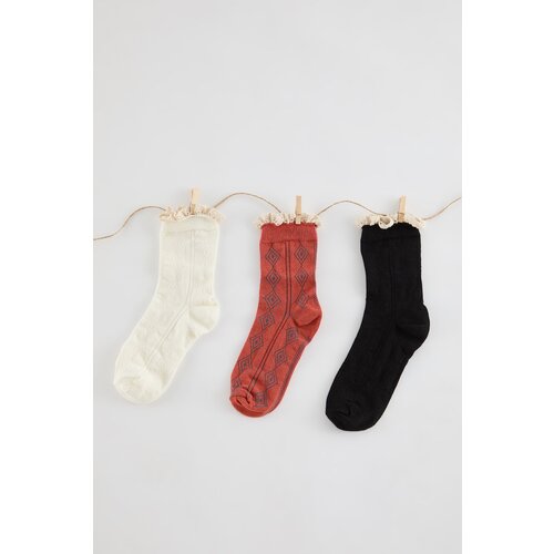 Trendyol Multicolored 3-Pack Jacquard Raw Lace Detailed Knitted Socks Cene