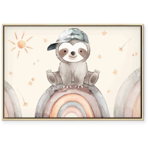  Slika - Happy Sloth - Sloth in Subdued Colors Wearing a Cap Sitting on a Rainbow Among Little Stars 90x60 U prirodnom drvenom ok Cene
