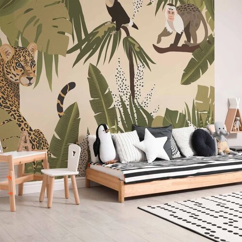  Foto tapeta - Leaves and Shapes - Jungle in Faded Colours With Animals 400x280 Vodootporna Cene