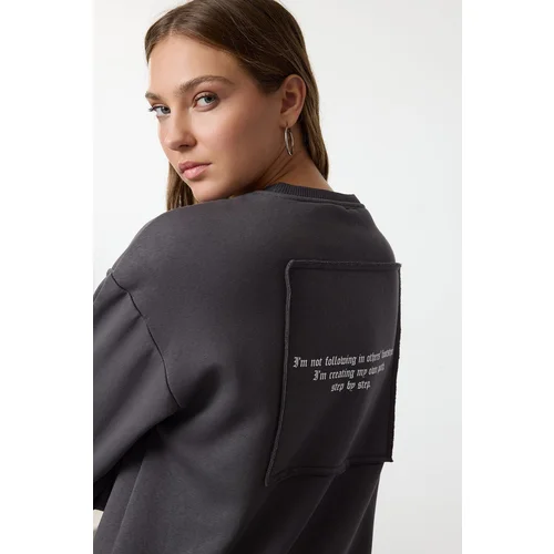 Trendyol Anthracite Regular/Normal Pattern Front and Back Printed Thick Polar Fleece Knitted Sweatshirt