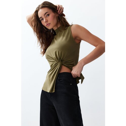 Trendyol Green Modal High Collar Knitted Blouse with Gathering and Slit Detail Slike