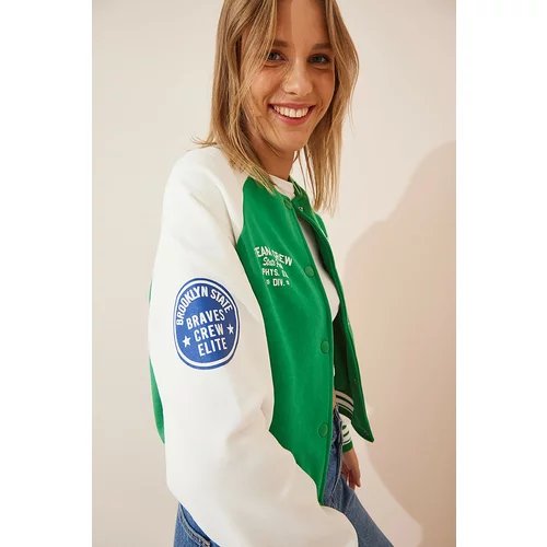 Happiness İstanbul Women's Green Crest College Bomber Knitted Coat