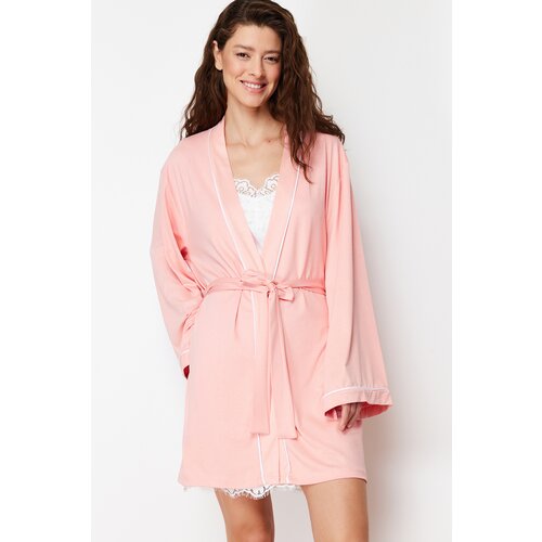 Trendyol Salmon Belted Knitted Dressing Gown with Piping Detail Cene