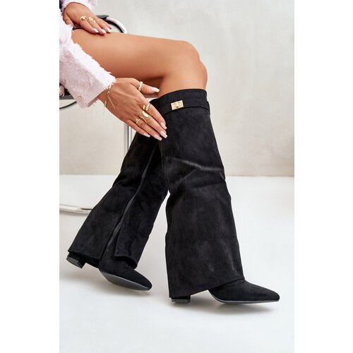 Boto FB2 Women&amp;#039;s Eco Suede Boots With Rolled Shaft On Heel Black Bralise Slike