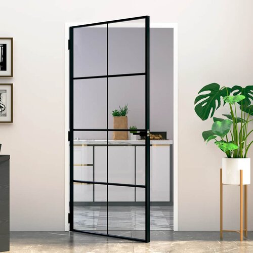 Sobna vrata crna 102 x 201,5 cm kaljeno staklo i aluminij tanka Slike