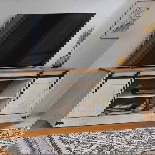 VidaXL TV ormarić HALDEN 2 klizna vrata bijeli 150x40x60 cm puno drvo Slike