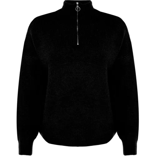 Trendyol Curve Black Zipper Closure Knitwear Sweater