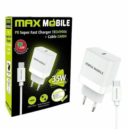 Maxmobi KUĆNI PUNJAČ PD SUPER FAST CHARGE 2U1 TYPE C+KABEL, TR349006 35W Slike
