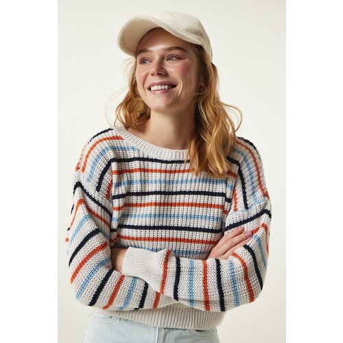 Happiness İstanbul Women's Cream Striped Seasonal Knitwear Sweater Slike