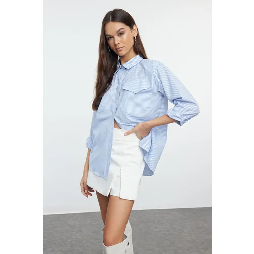 Trendyol Blue Padding Detailed Striped Pocket Flap Oversize Wide Fit Shirt