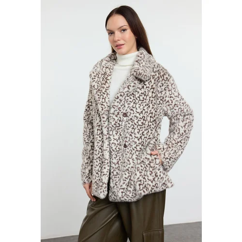 Trendyol Multicolored Brown Leopard Patterned Oversize Long Fur Coat