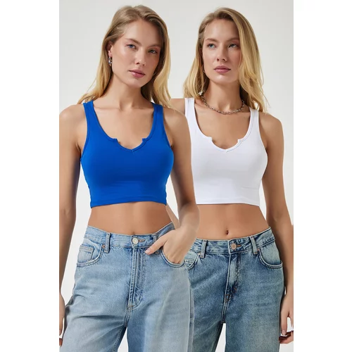Happiness İstanbul Women's Cobalt Blue White Strappy 2-Pack Crop Knitted Blouse