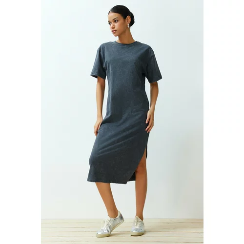 Trendyol Anthracite 100% Cotton Aged Effect Slit Shift/Comfort Fit Knitted Midi Dress