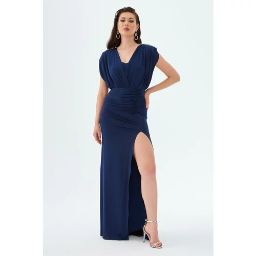 Carmen Navy Blue Sandy Slit Long Evening Dress with Low-cut Back