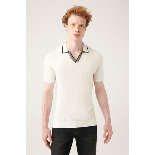 Avva Men's White Unbuttoned Polo Neck Paw Stripe Detailed Ribbed Regular Fit Knitwear T-shirt Slike