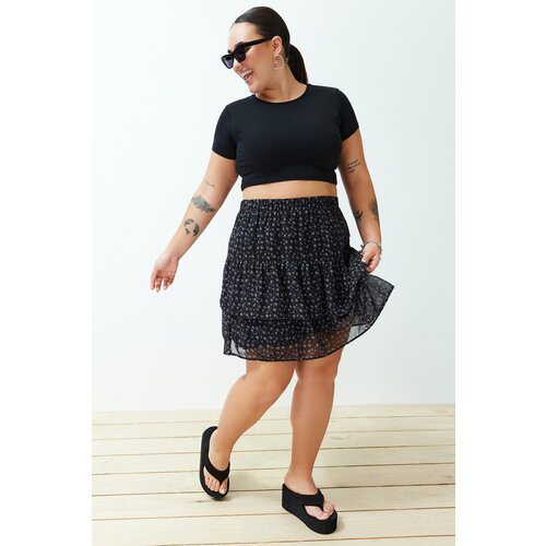 Trendyol Curve Black Floral Skirt Frilly Mini Woven Skirt Slike