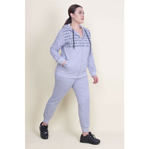 Şans Women's Plus Size Gray Raised Print Detailed Tracksuit Suit Slike