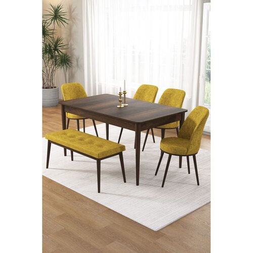 Hanah home trpezarijski set Pir, sto, 4 stolice i klupa, ploča u dekoru drveta Baroque, senf žuta tkanina Babyface Cene
