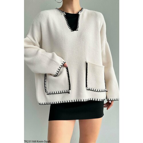 Laluvia Cream-Black Piping and Pocket Detailed Sweater Slike