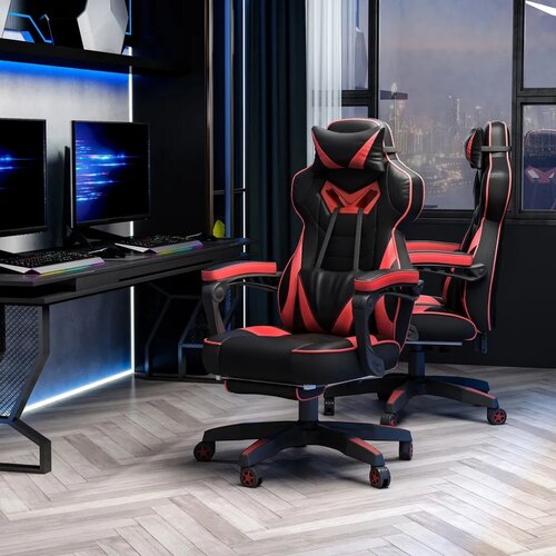  Ergonomska gamerska stolica okretna s uvlačivim osloncem za noge podesivim naslonom PU koža crna‑crvena Slike