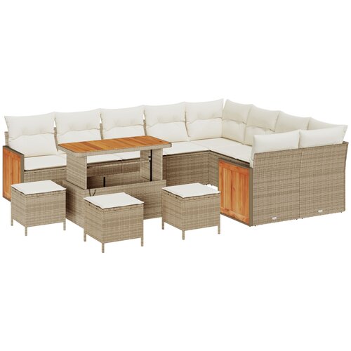 VidaXL 13 komada vrtni sofa set s jastučićima bež poli ratan akacija, 4 komade vrtni set za objedovanje s jastučićima bež poli ratan akacija, dvosedna vrtna sofa s jastučićima bež poli ratan Slike