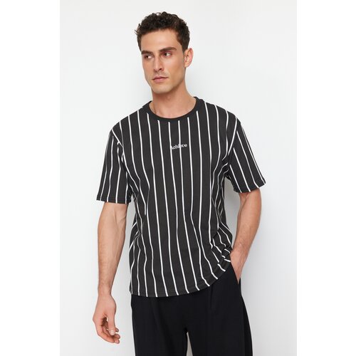 Trendyol Black Relaxed/Comfortable Cut Striped 100% Cotton T-Shirt Cene