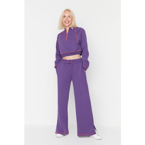 Trendyol Purple Rib Stitched Wide Leg Slim Fleece Knitted Sweatpants Slike