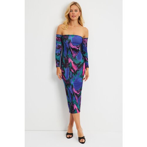 Cool & Sexy Women's Multi Madonna Collar Patterned Midi Dress Cijene